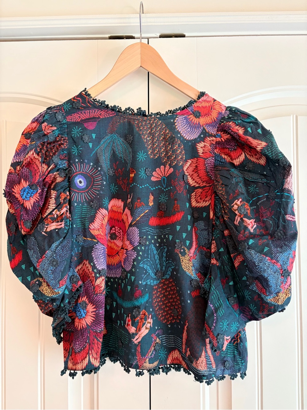 Farm Rio NWT Teal River Creatures Puff Sleeve Blouse Floral Embroidered Size S - Picture 4 of 15